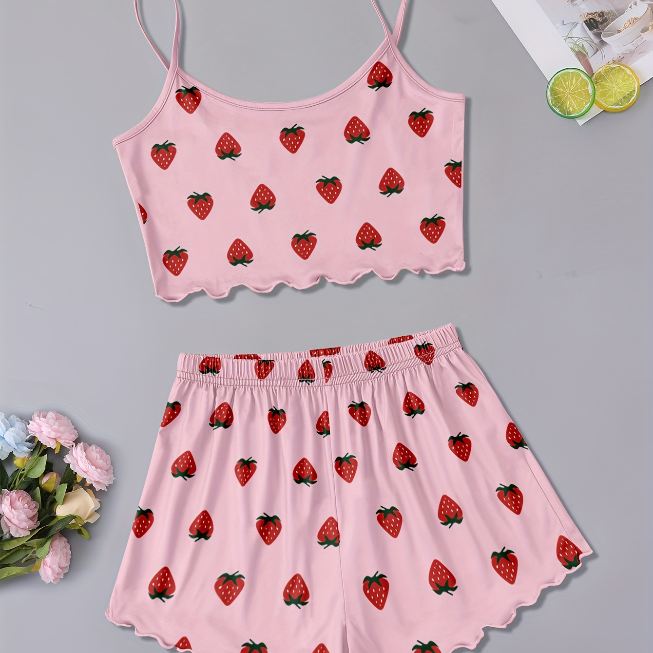 

Allover Strawberry Print Frill Trim Pajama Set, Sexy Round Neck Backless Crop Cami Top & Elastic Shorts, Women's Sleepwear