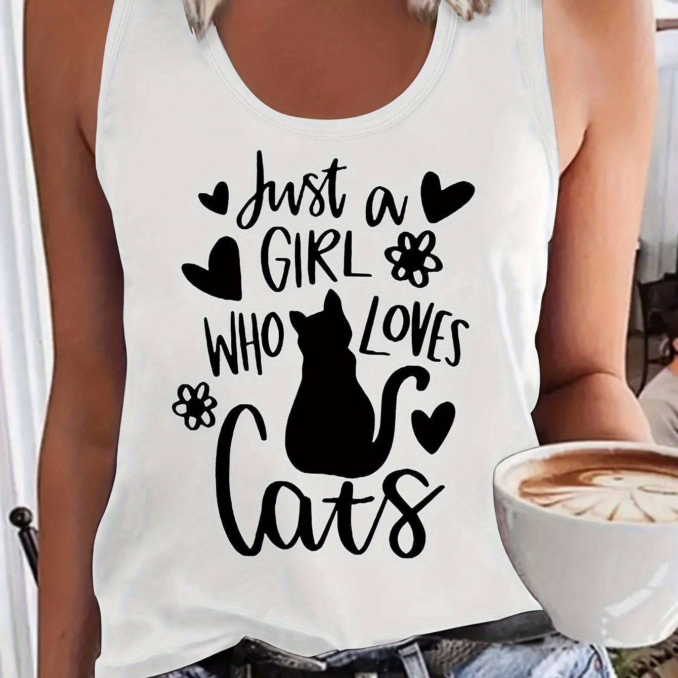 

Letter & Cat Print Tank Top, Sleeveless Crew Neck Casual Top For Summer & Spring, Women's Clothing