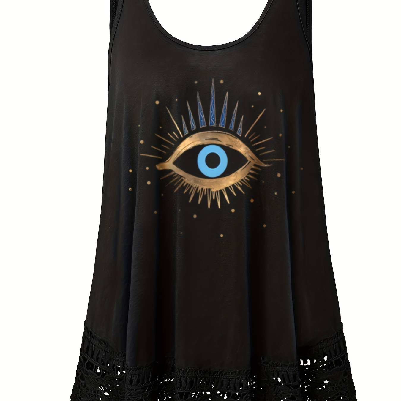 

Plus Size Evil Eye Print Tank Top, Casual Guipure Lace Hem Sleeveless Crew Neck Tank Top For Summer, Women's Plus Size Clothing