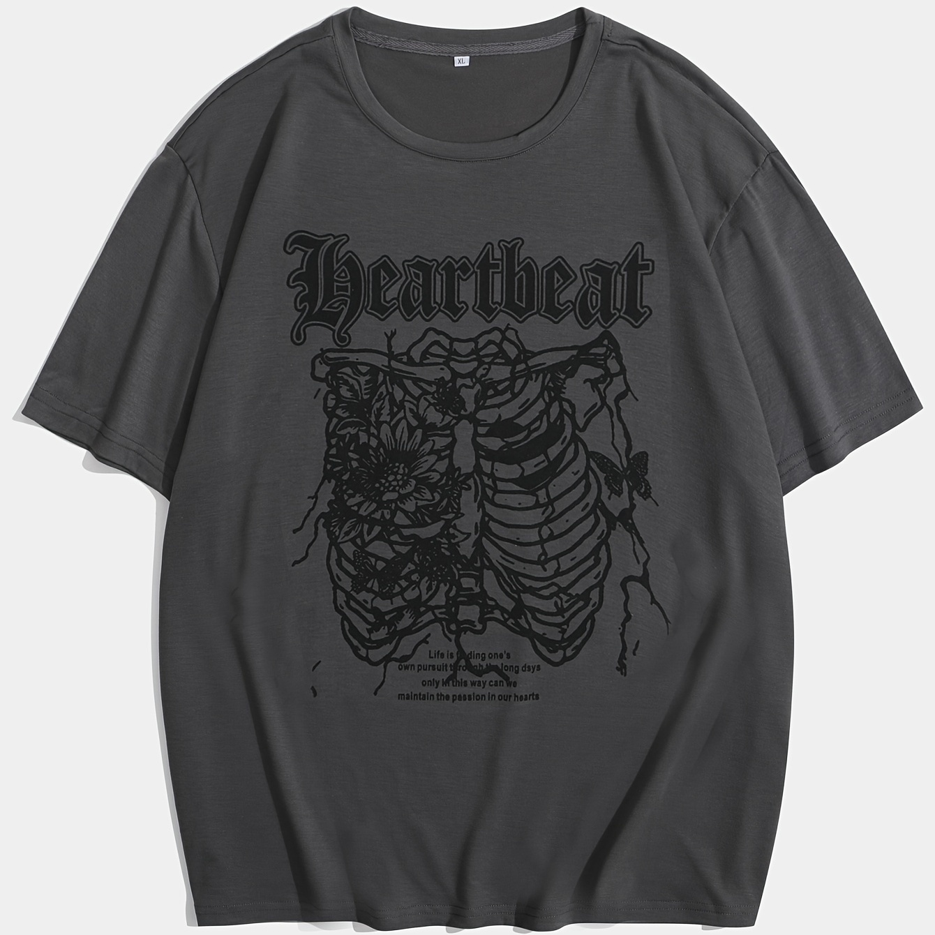 

Skeleton And Floral Sketch Pattern And Alphabet "heartbeat" T-shirt With Crew Neck And Short Sleeve, Novel And Chic Tops For Men's Summer Leisurewear