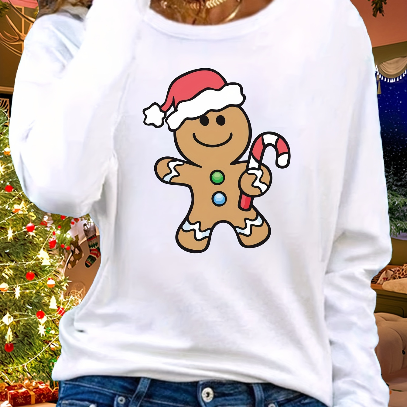 

Christmas Gingerbread Man Graphic Sweatshirt - Casual Polyester Long Sleeve T-shirt With Round Neck, Knit Fabric, Pad, Pullover Style For Fall Season