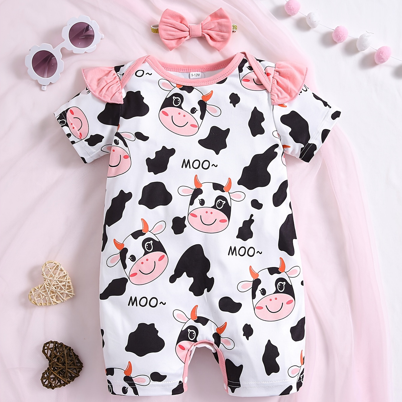 

Baby's Cartoon Cow Full Print Bodysuit, Casual Ruffle Decor Short Sleeve Romper, Toddler & Infant Girl's Clothing For Summer, As Gift