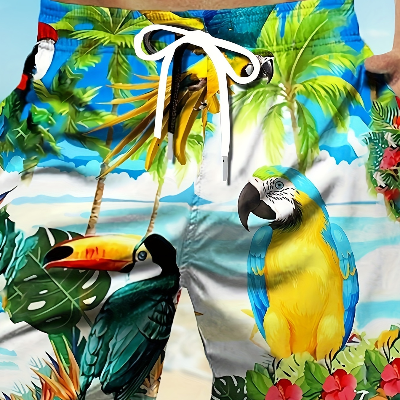 

Hawaii Theme Parrots Print Fashionable Men's Summer Drawstring Casual Sports Loose Shorts, Suitable For Outdoor Sports, Comfortable And Versatile