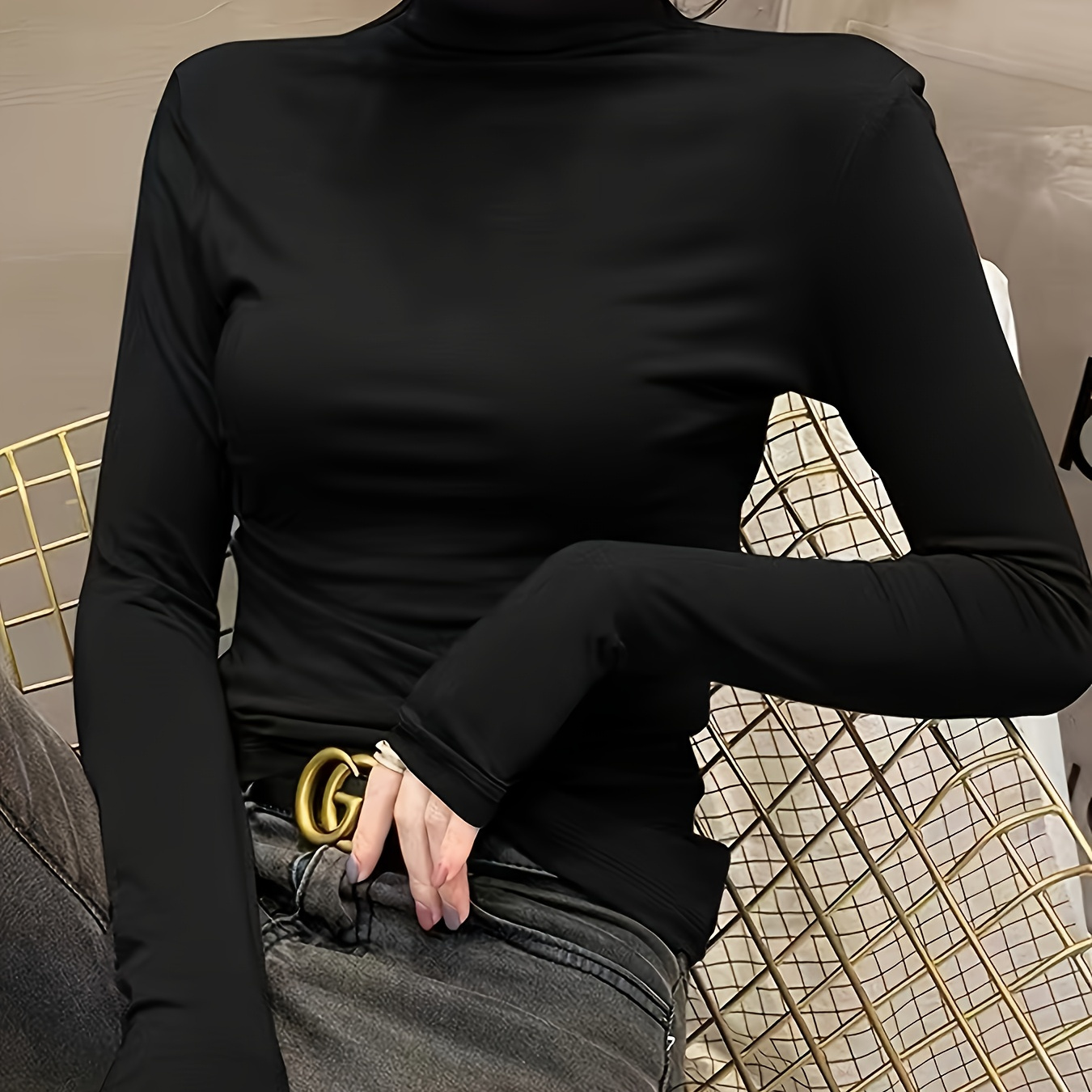 TEMU Plus Size, Plus Size High Neck Turtleneck Top For Women Spring Autumn Winter Stylish Inner Layer 2025 New Style Layered Collar Long Sleeve Black Thin Blouse