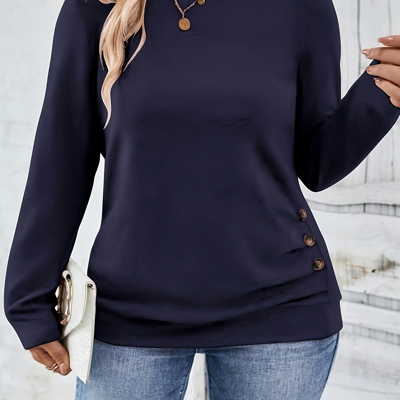 

Women's Plus Size Casual T-shirt With Button Detail - Long Sleeve, Round Neck, Stretchy Polyester , Machine Washable - Solid Color For Spring/fall