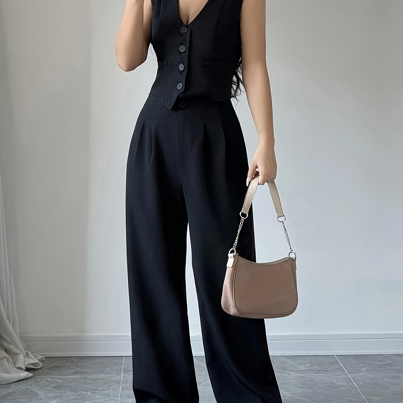 

[professional Ensemble] Elegant Solid Color Women's Suit Set - Sleeveless V-neck Button Front Top & High-waist Wide-leg Pants, Polyester , Machine Washable - Chic & For Spring/fall