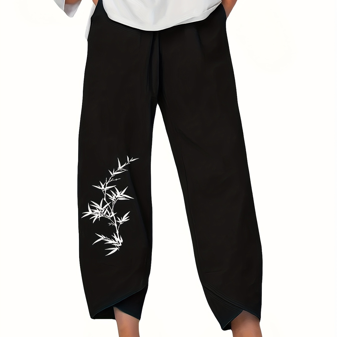 

Leaves Print Elastic Waist Pants, Versatile Pockets Loose Cropped Pants For Spring & Summer, Women's Clothing