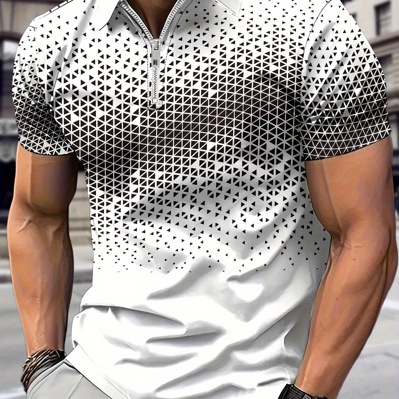 

Men's Trendy Triangle Print Short Sleeve Zip Up Lapel Shirt For Summer Daily, Stylish Zipper Collar Design T-shirt