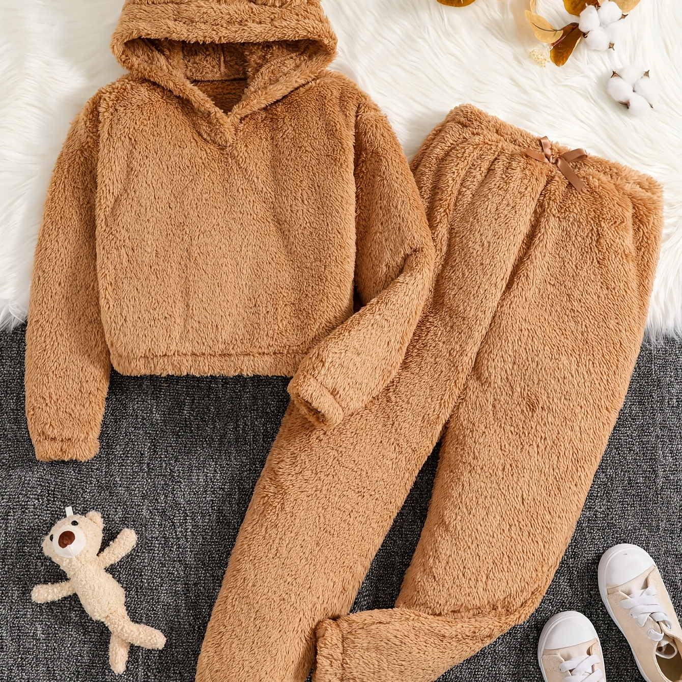 

2 Piece Girls Solid 3d Ear Design Outfits Fuzzy Teddy Hoodie And Pants Warm Sweat Set Autumn/ Winter