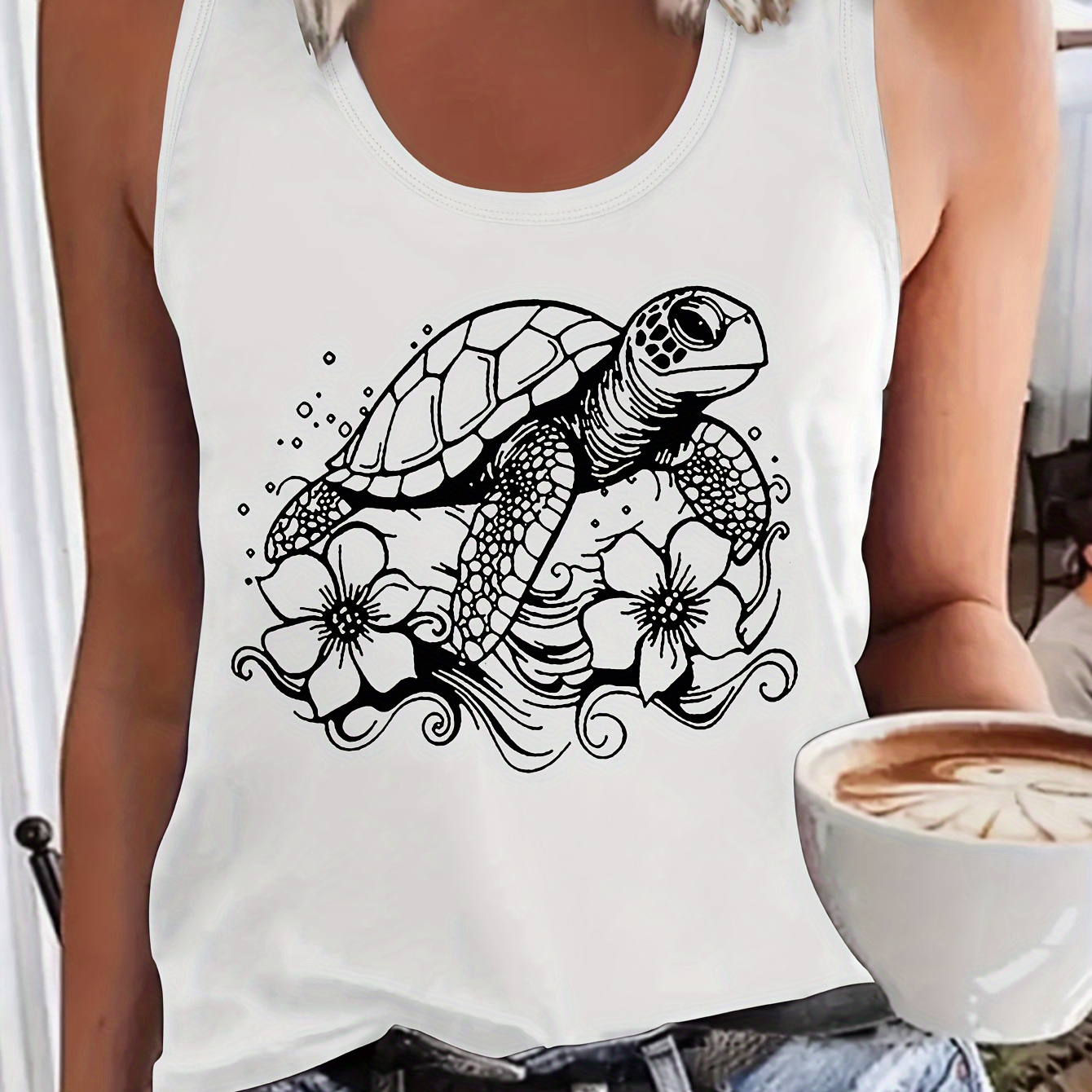 

Turtle Print Crew Neck Tank Top, Sleeveless Casual Top For Summer & Spring, Women's Clothing