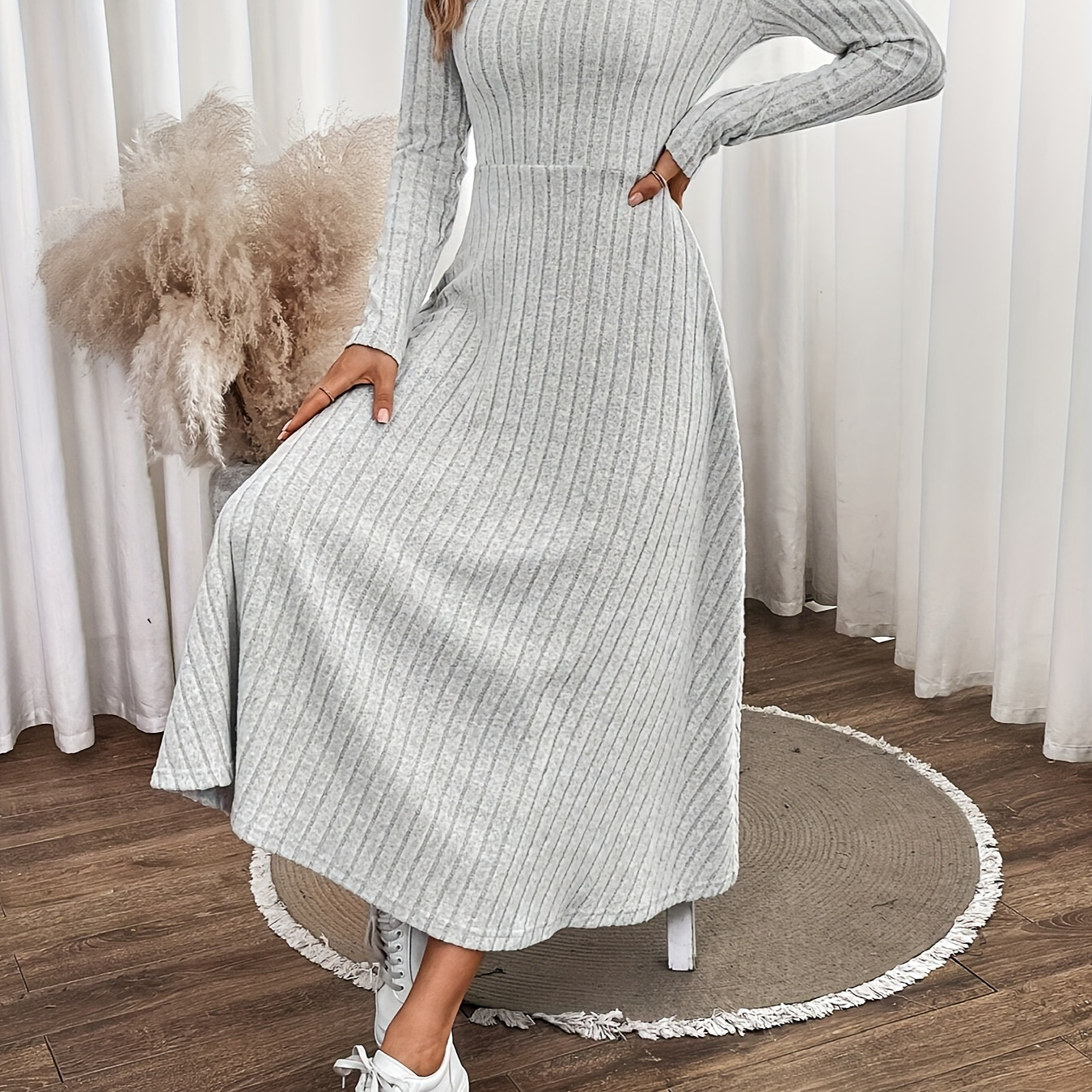 

Ribbed Crew Neck Dress, Elegant Long Sleeve Dress For Spring & Fall, Women's Clothing