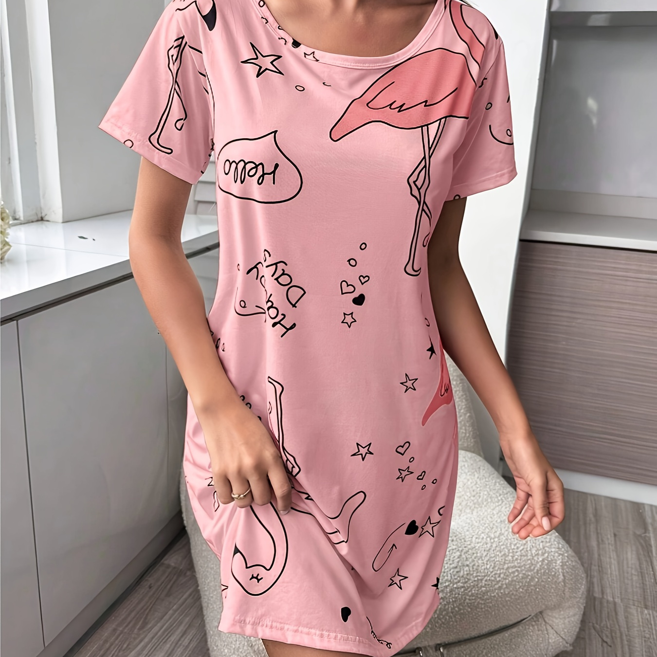 

Flamingo & Letter Print Nightgown, Casual Short Sleeve Round Neck Loose Fit Tee Dress, Women's Sleepwear