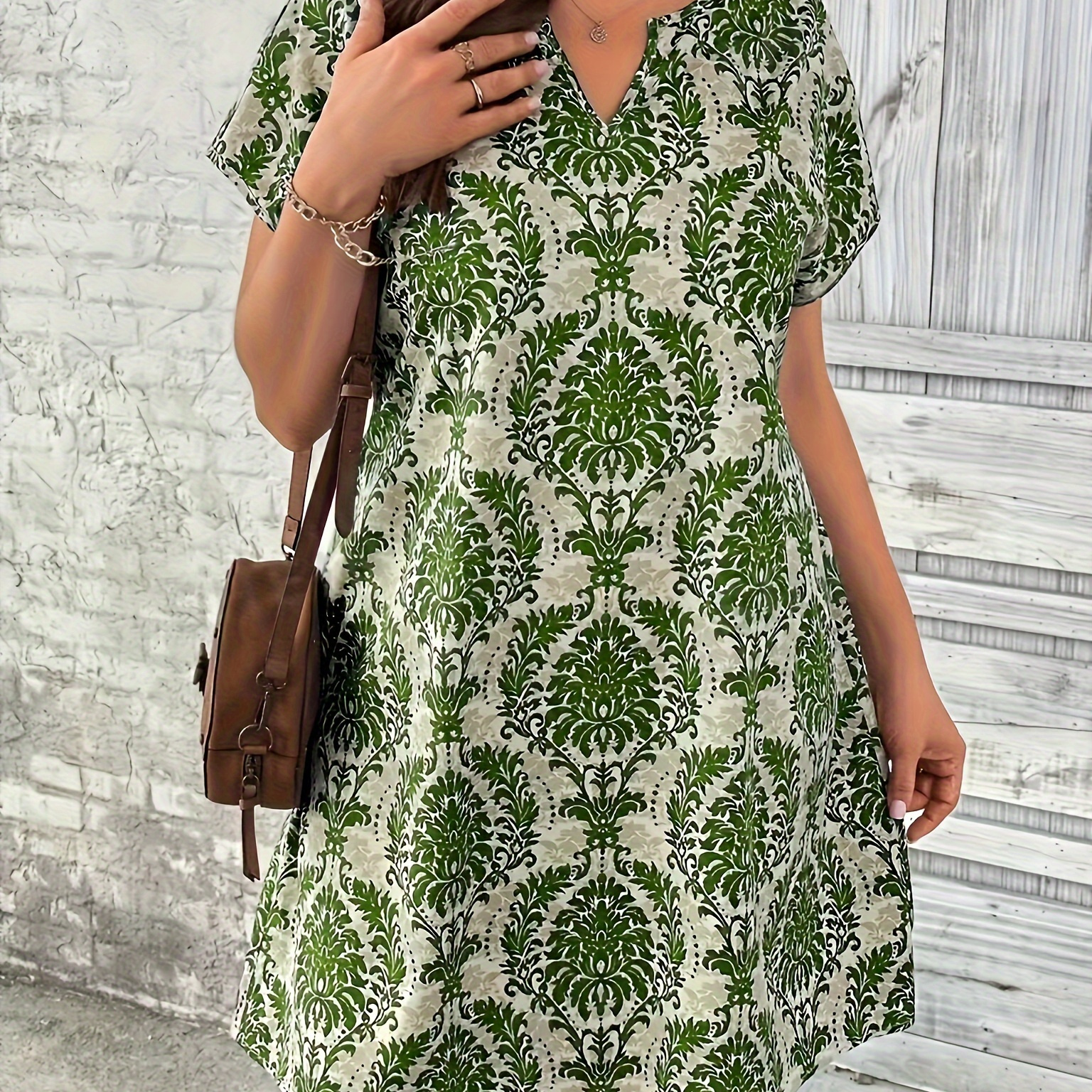 

Plus Size Allover Print Notched Neck Dress, Ethnic Style Batwing Sleeve Dress For Spring & Summer, Women's Plus Size Clothing