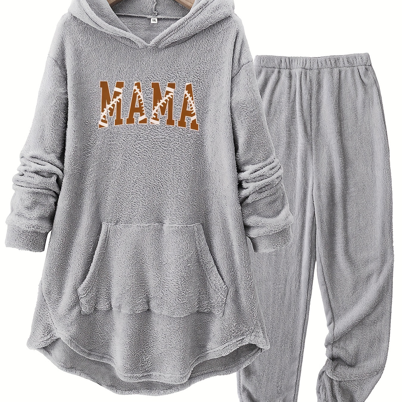 

Plus Size Mama Print Hoodie And Pants Co-ord Set, 100% Polyester Fleece, Casual Hooded Top With Pockets And Regular Sleeves, Comfortable Knit Fabric With Stretch, Lounge Drawstring Sweatpants Set