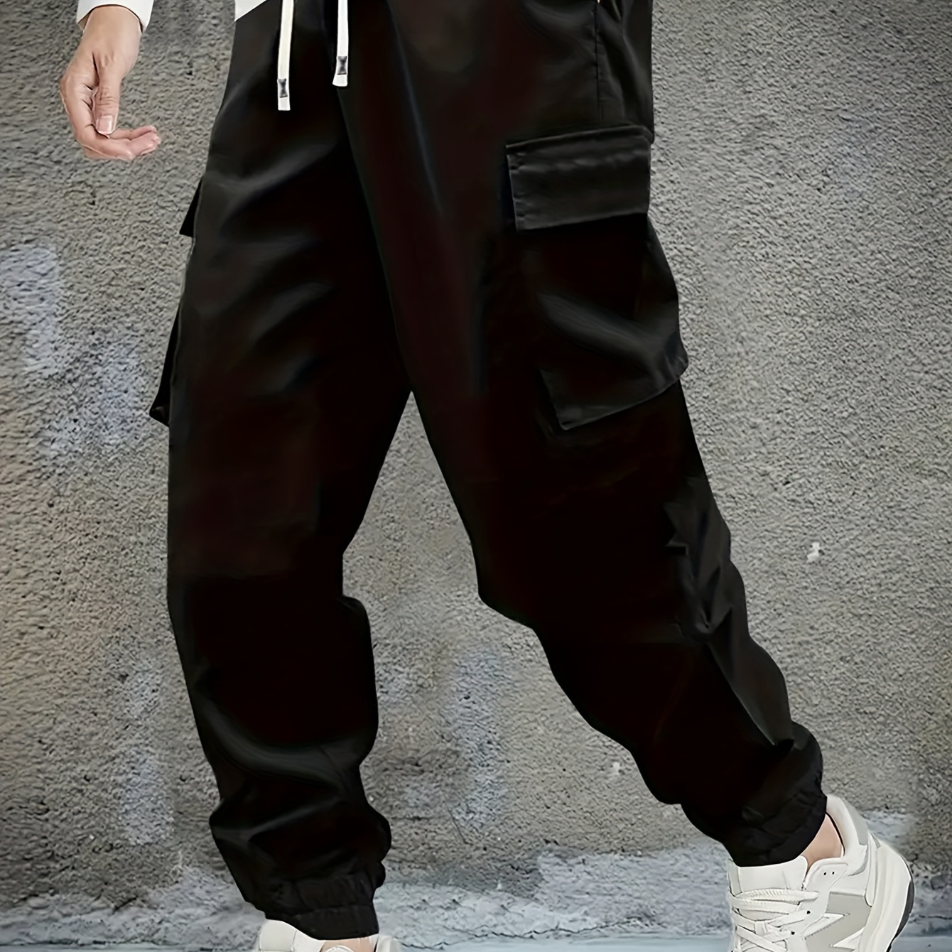 

Trendy Solid Drawstring Cargo Pants, Men's Multi Flap Pocket Trousers, Loose Casual Outdoor Pants, Men's Work Pants Outdoors Streetwear Hip Hop Style