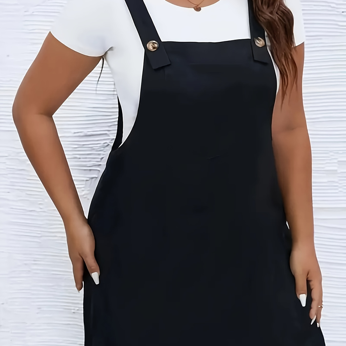

Plus Size Solid Simple Overall Dress, Casual Button Front Sleeveless Overall Dress For Spring & Summer, Women's Plus Size Clothing