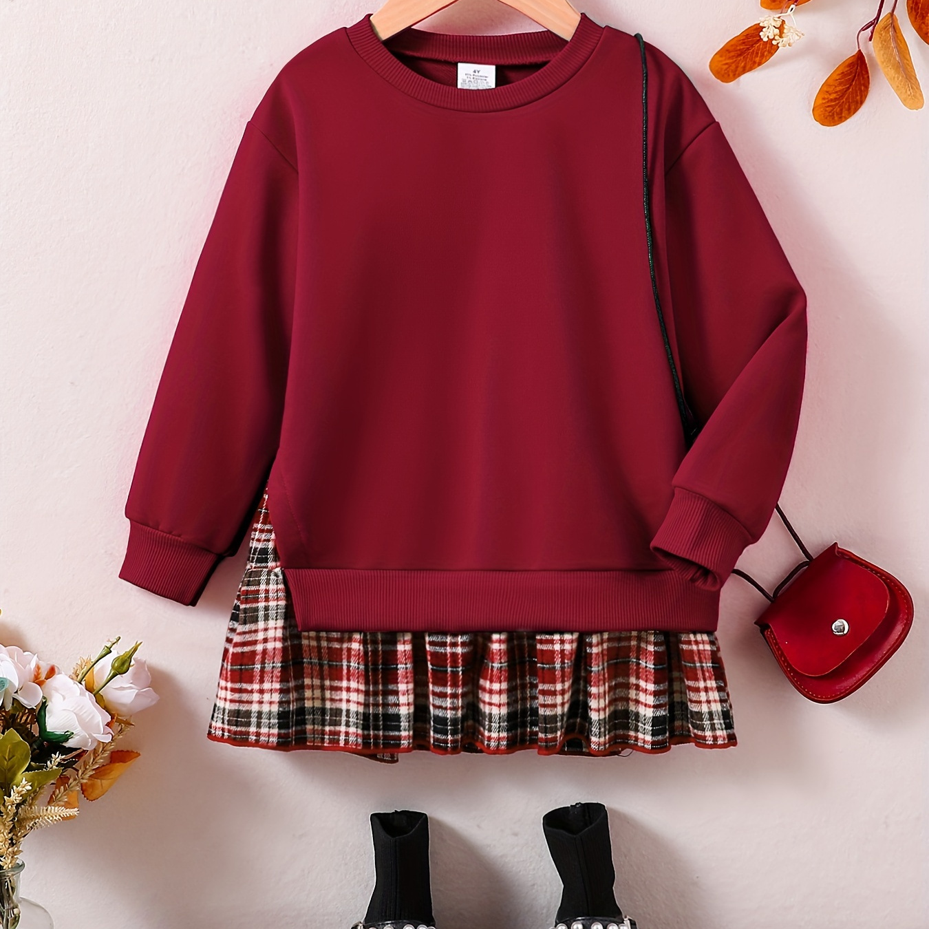 

Girls Casual & Trendy Preppy Style Long Sleeve Sweatshirt Spliced Dress For Spring & Fall Outdoors