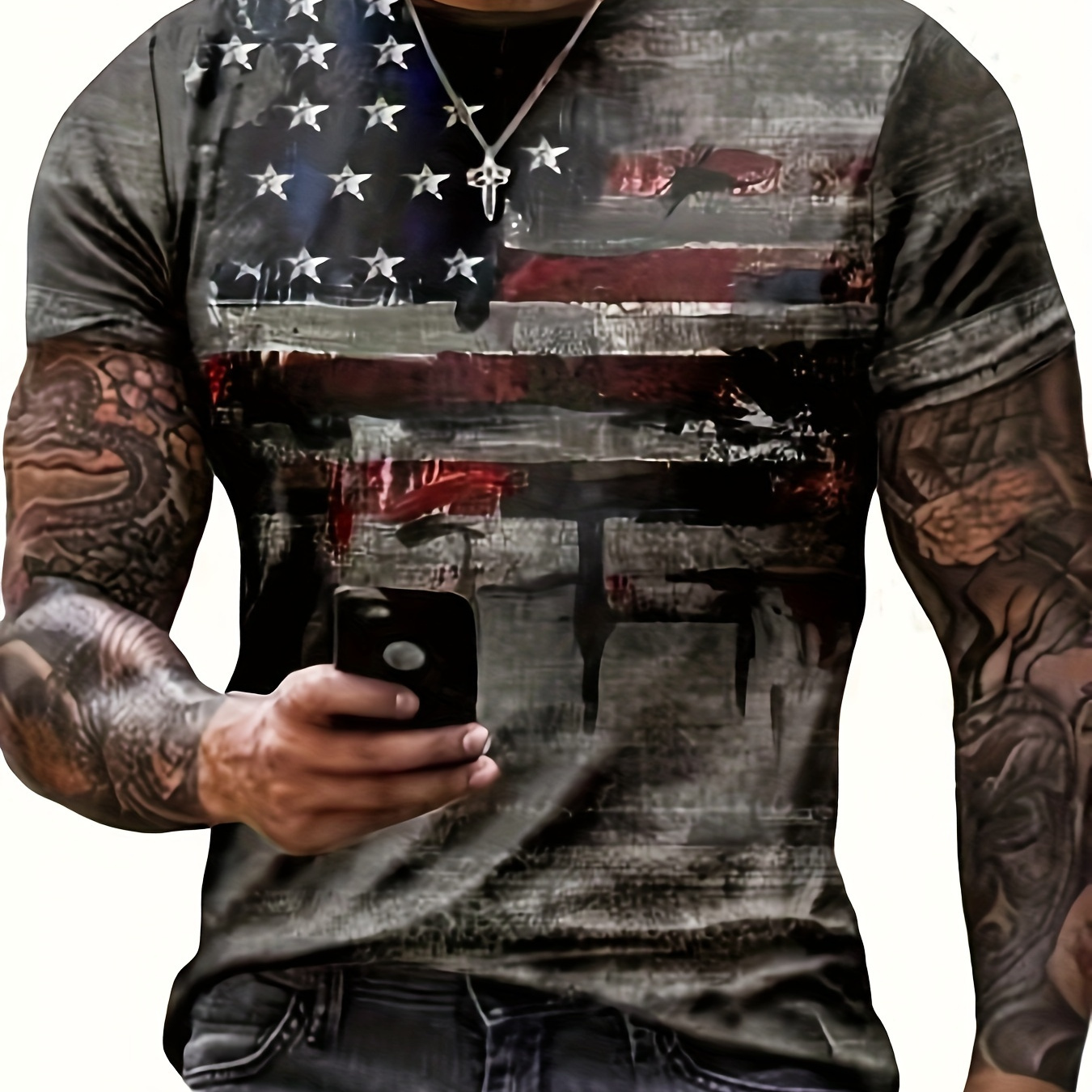 

Men's Casual Breathable Short Sleeve T-shirt With Patriotic American Flag Print, Polyester, Regular Fit, Machine Washable