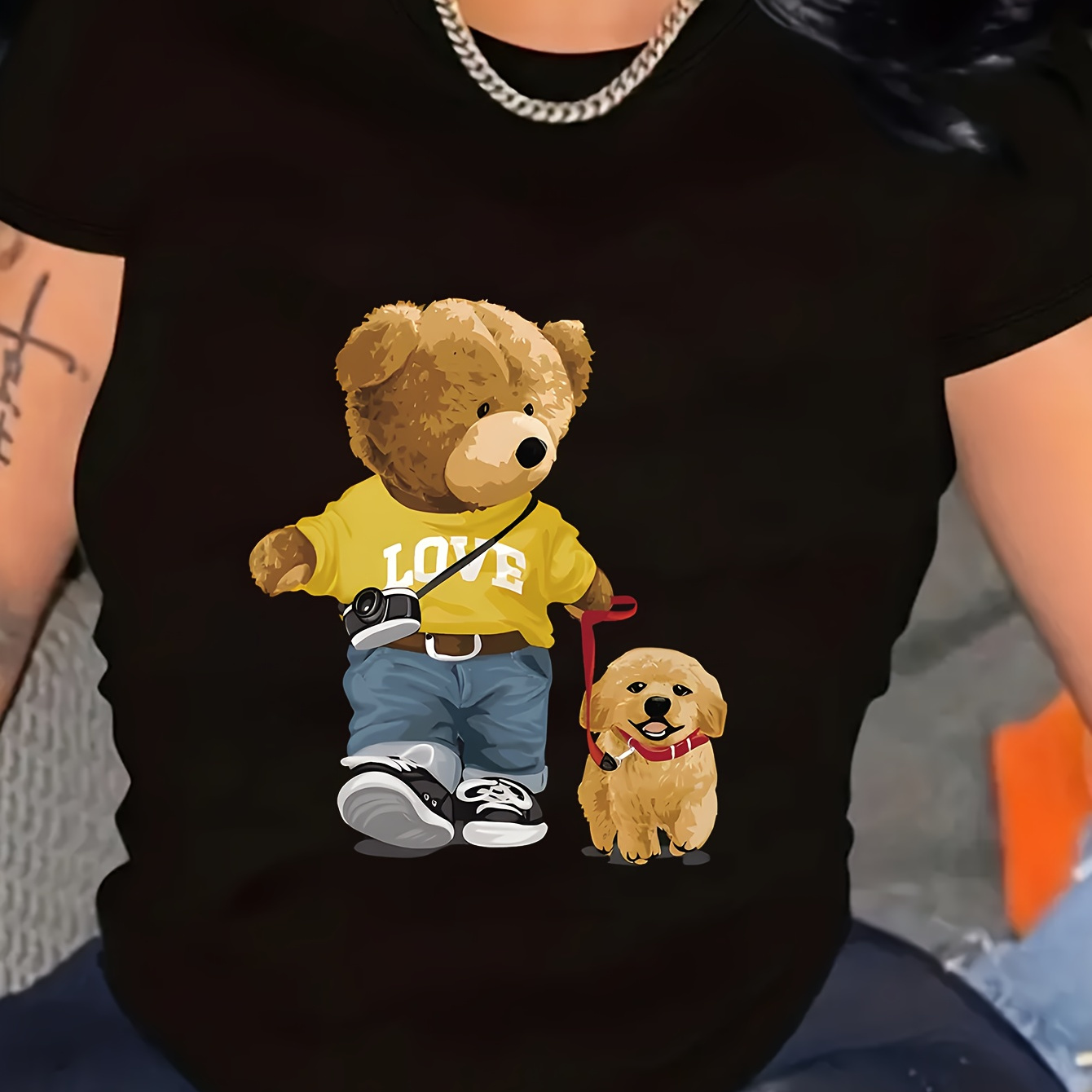 

Teddy Bear Print T-shirt, Short Sleeve Crew Neck Casual Top For Summer & Spring, Women's Clothing