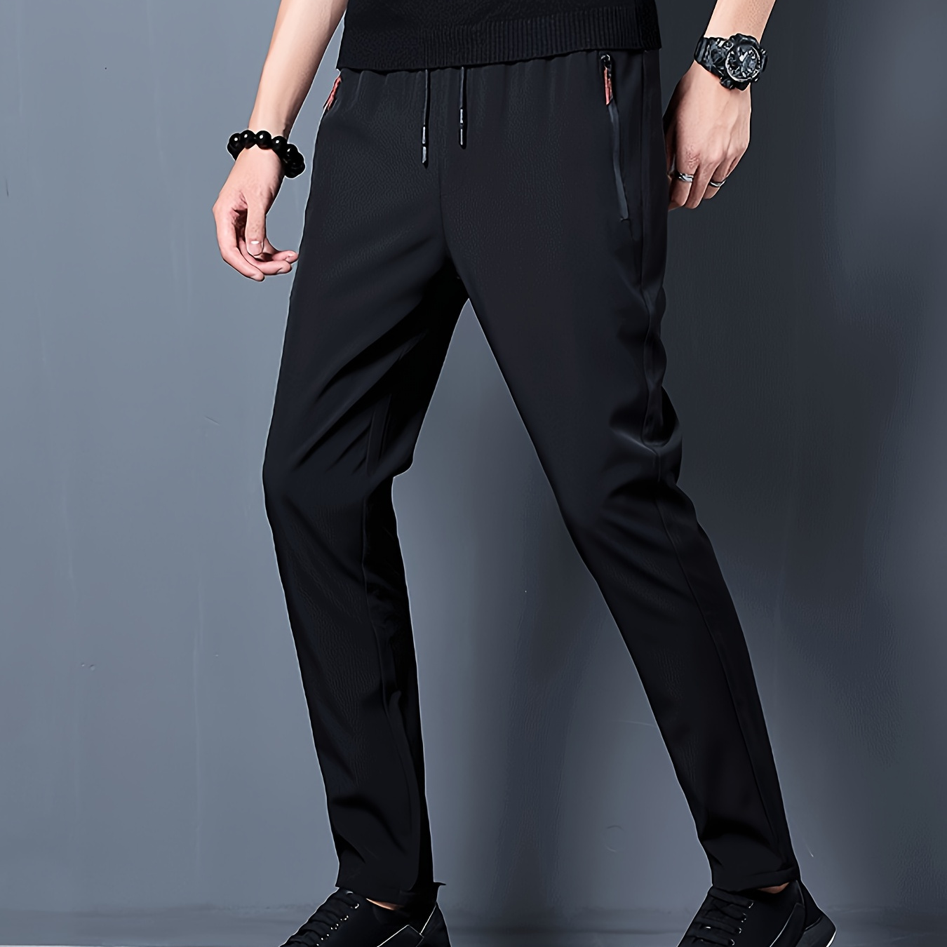 TEMU Men's Loose Solid Pants With Zipper Pockets, Casual Drawstring Barrel Trousers For Outdoor Activities Gift