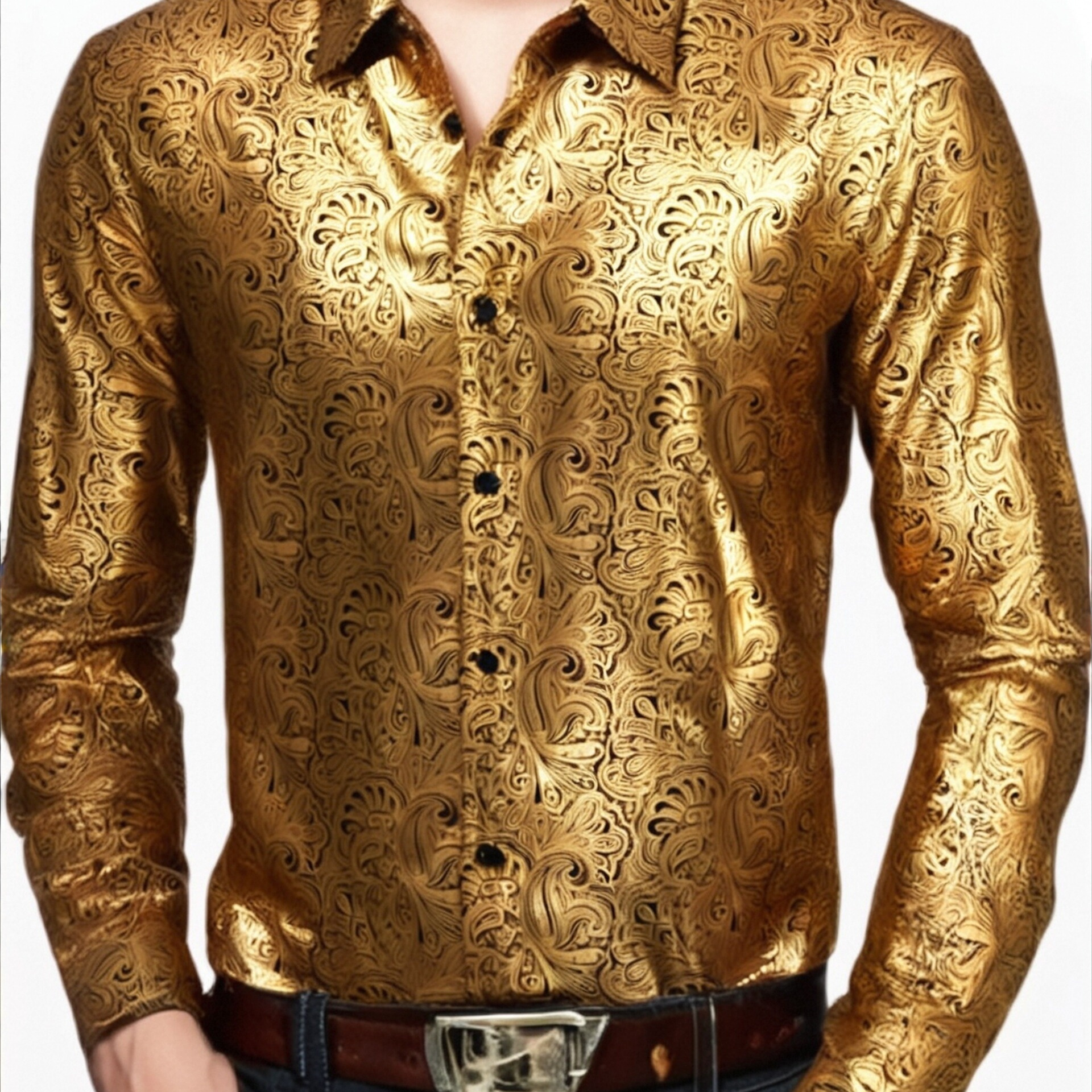 

Men's Metallic Golden Long Sleeve Button Down Shirt, Spring/fall Fashion Top, Slim Fit, Suitable For Parties