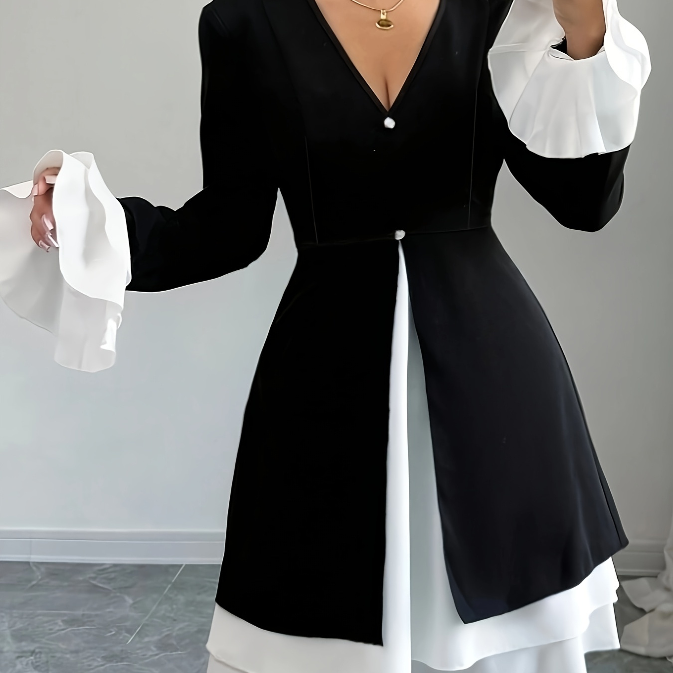 

1pc Elegant V-neck Dress With Sleeves For Women, Polyester A-line Dress For Spring/fall