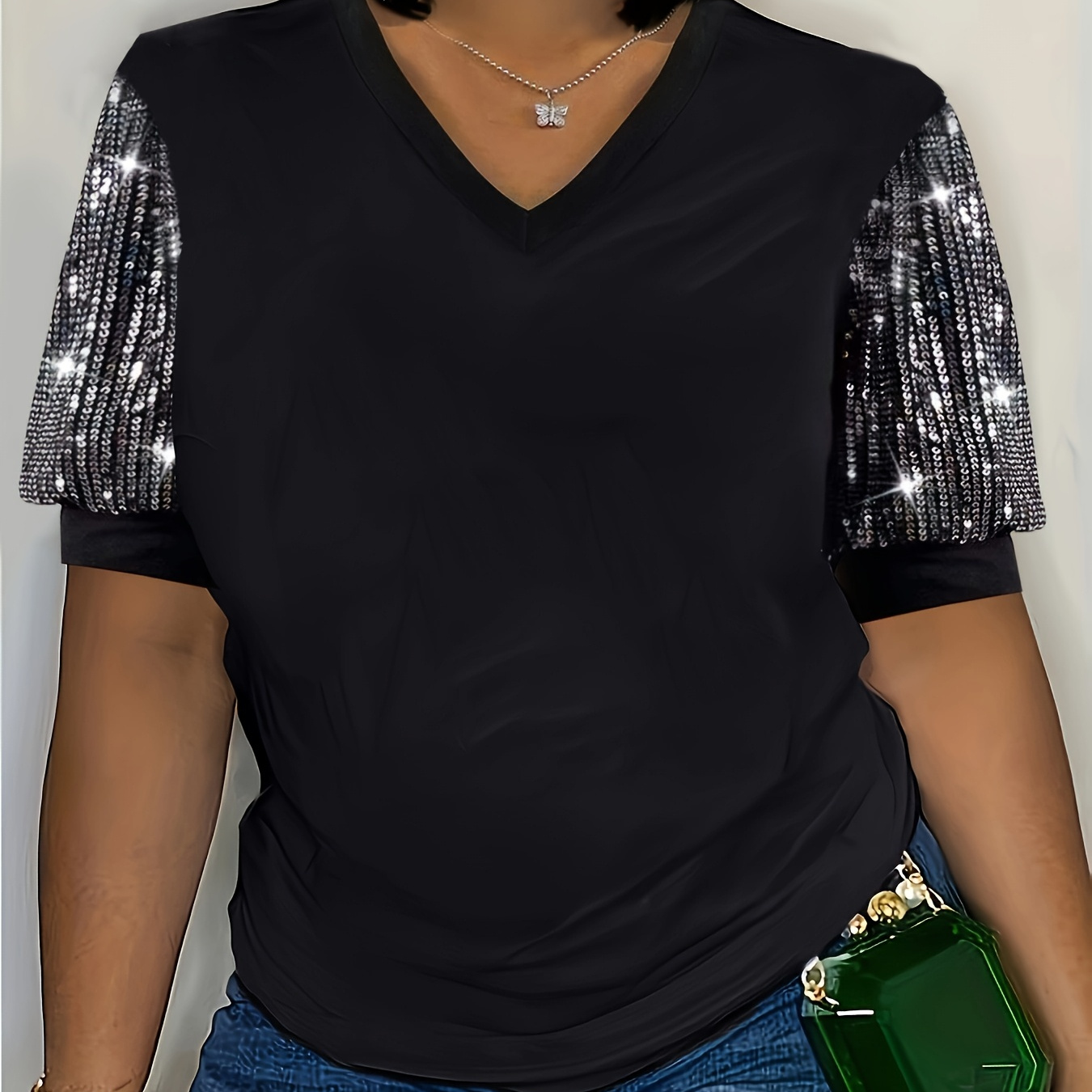 

Women's Plus Size V-neck T-shirt With Sequin Accents - Casual & Stylish Short Sleeve Top For Spring/summer, Breathable Polyester