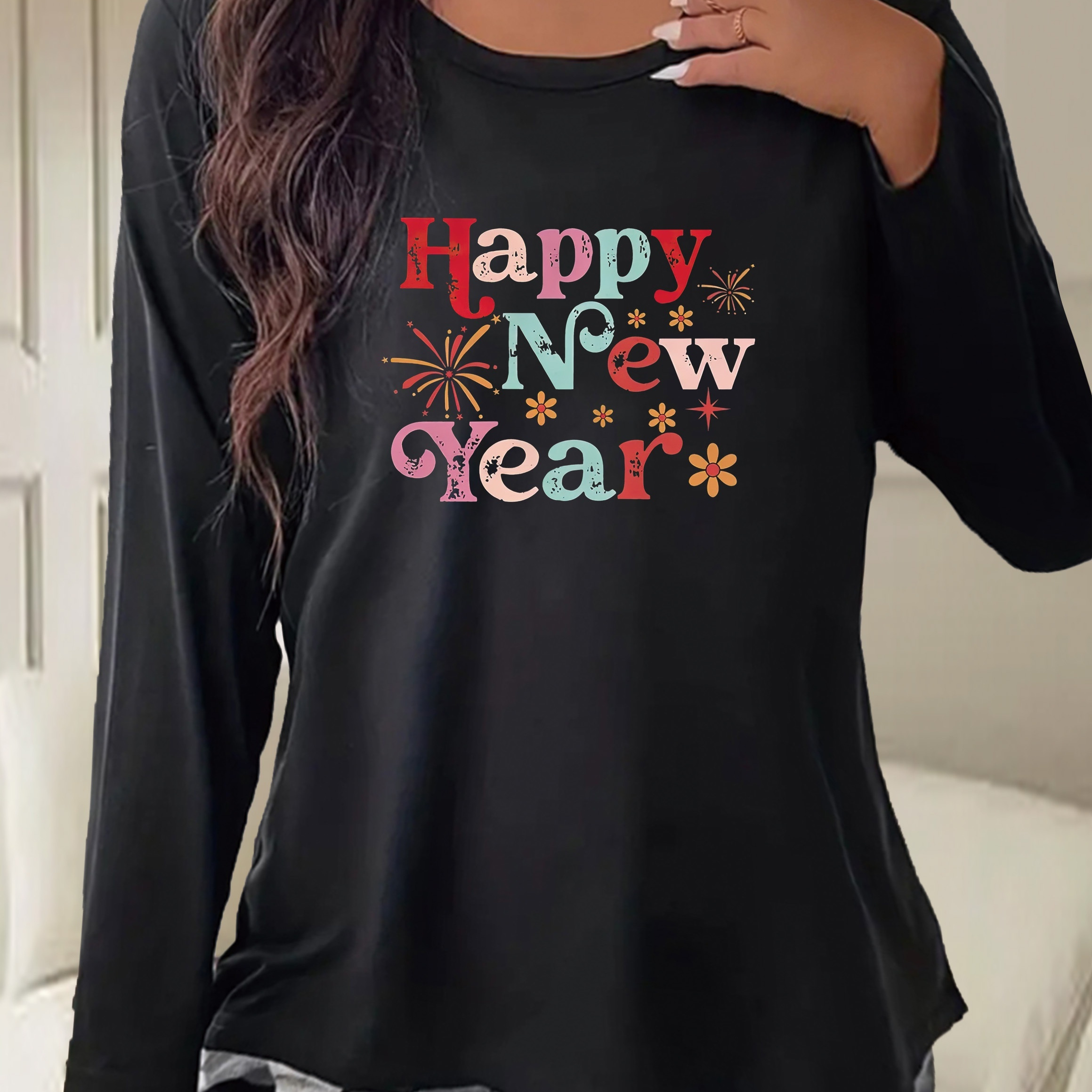 

'new Year' Slogan Print Lounge Tops, Long Sleeve Crew Neck Top, Women's Loungewear & Sleepwear