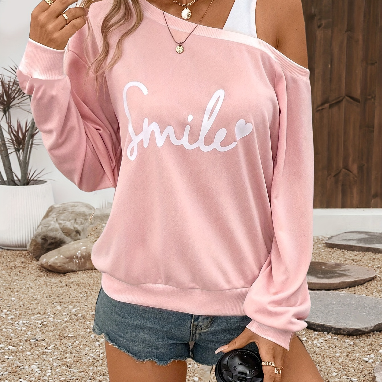 

Women' Asymmetrical Off-shoulder Sweatshirt With "smile" Lettering, Polyester Knit Fabric, Spring/fall Casual Top