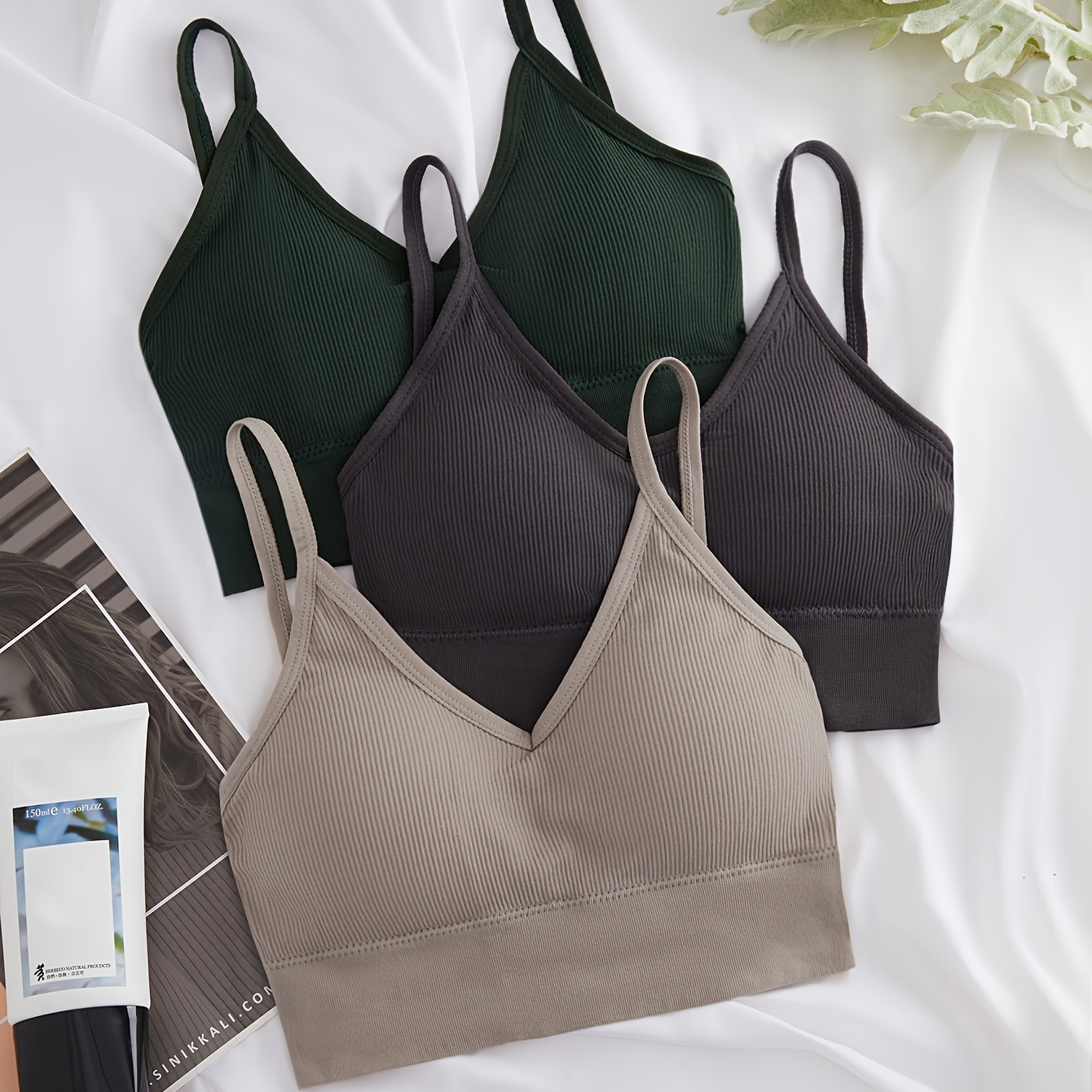 

3pcs Solid Ribbed Wireless Bras, Comfy & Breathable Cross Cut Out Bra, Women's Lingerie & Underwear