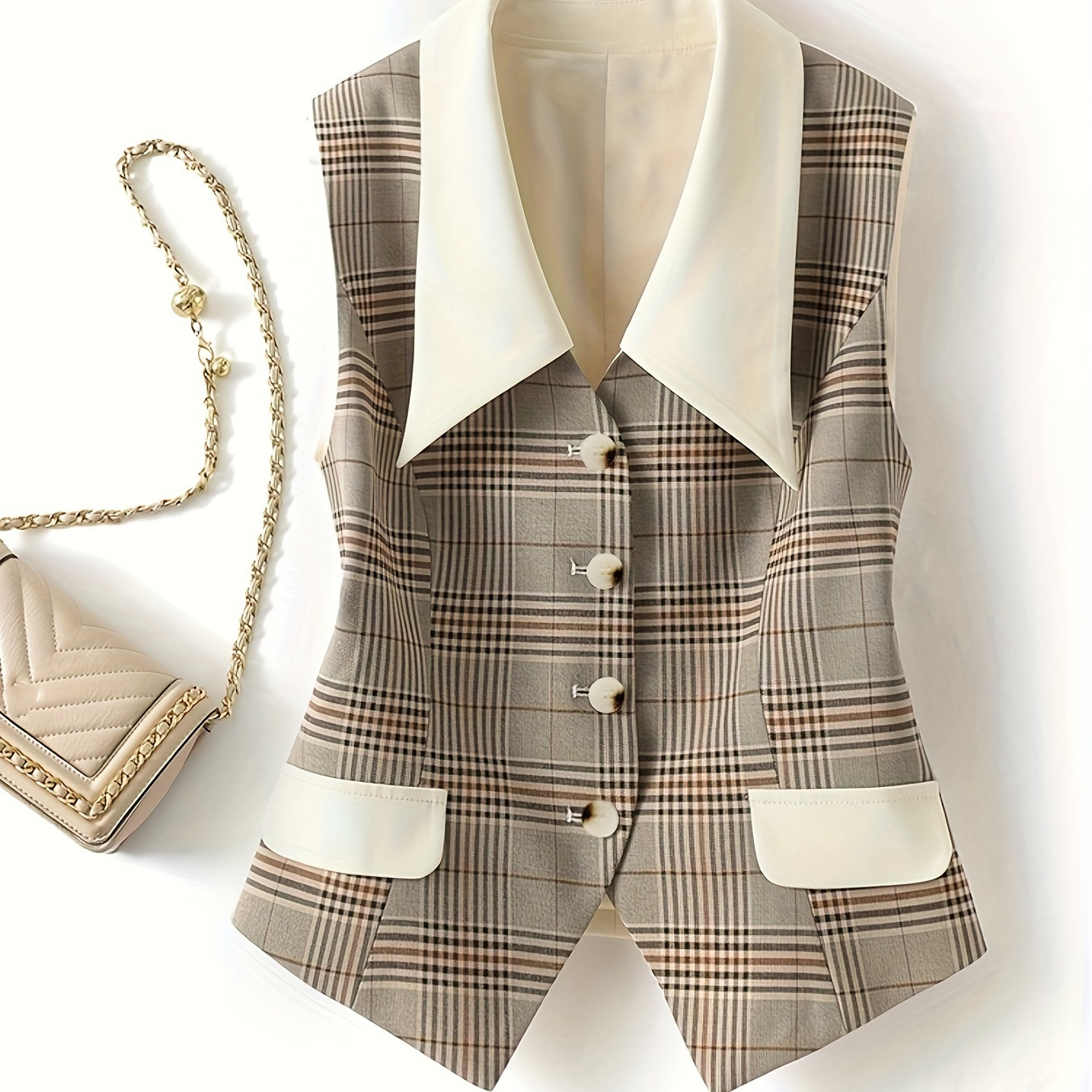 

Plaid Print Button Front Vest, Elegant Lapel Sleeveless Slim Vest For Spring & Fall, Women's Clothing