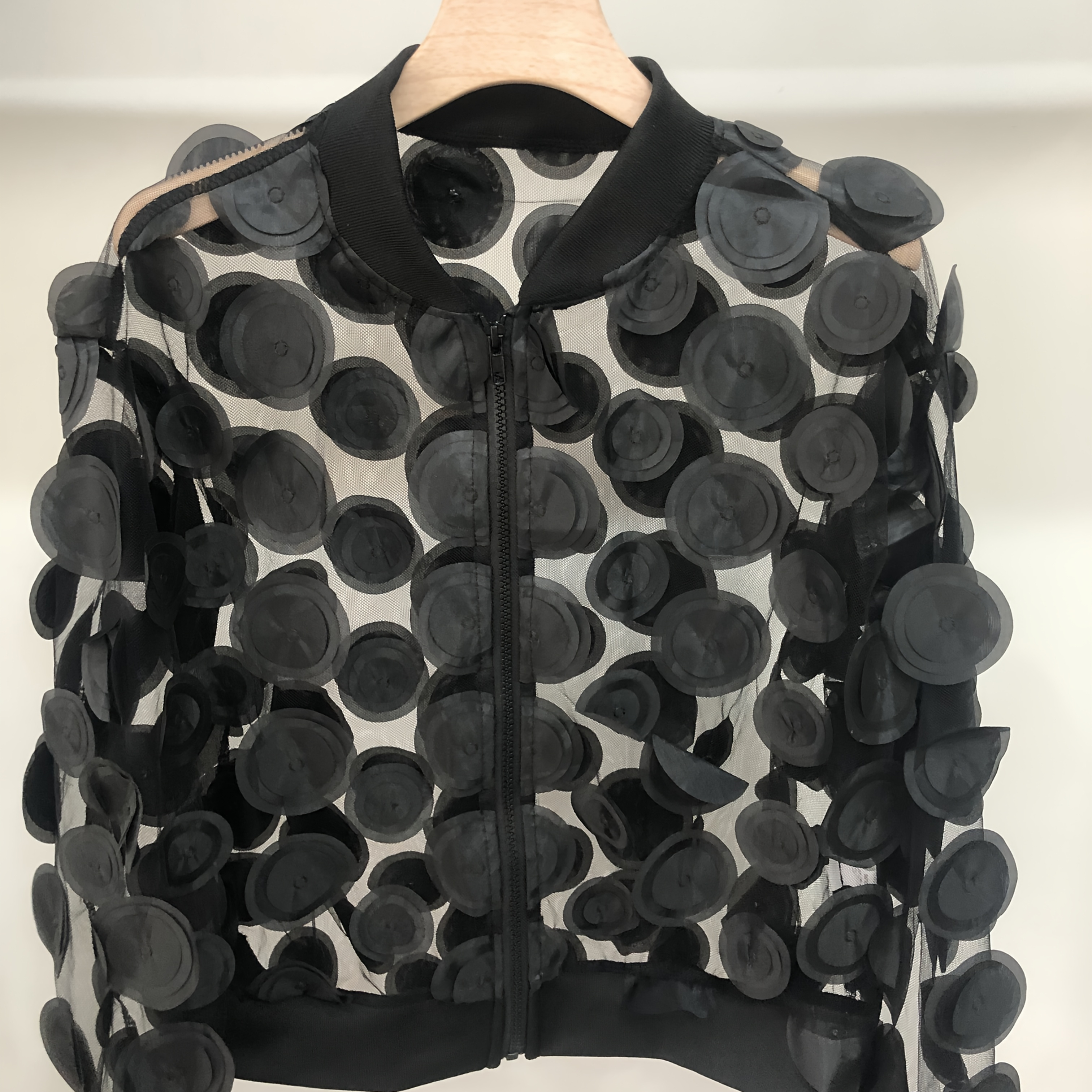 

Women's Floral Applique Front Zipper Casual Jacket, Elegant Polyester 100% Woven Baseball Collar, Polka Dot Pattern, Lightweight 90g/m² For Spring/summer/fall