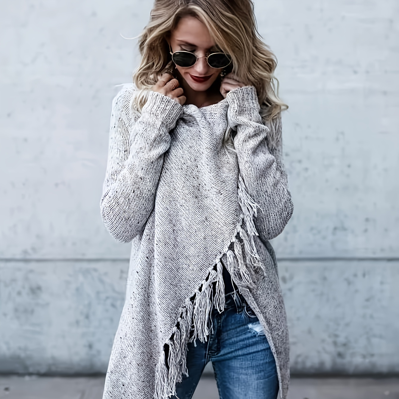 

Cowl Neck Tunics Sweater, Elegant Fringe Hem Birds Eye Knit Top For Fall & Winter, Women's Clothing