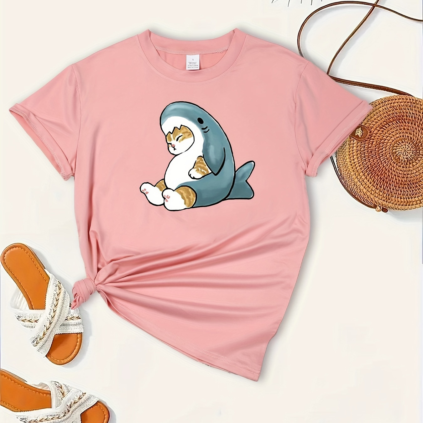 

Women's Casual Sports T-shirt With Shark And Cat Print, Various Colors Available, Comfort Fit, Short Sleeve, Round Neck Tee For Ladies