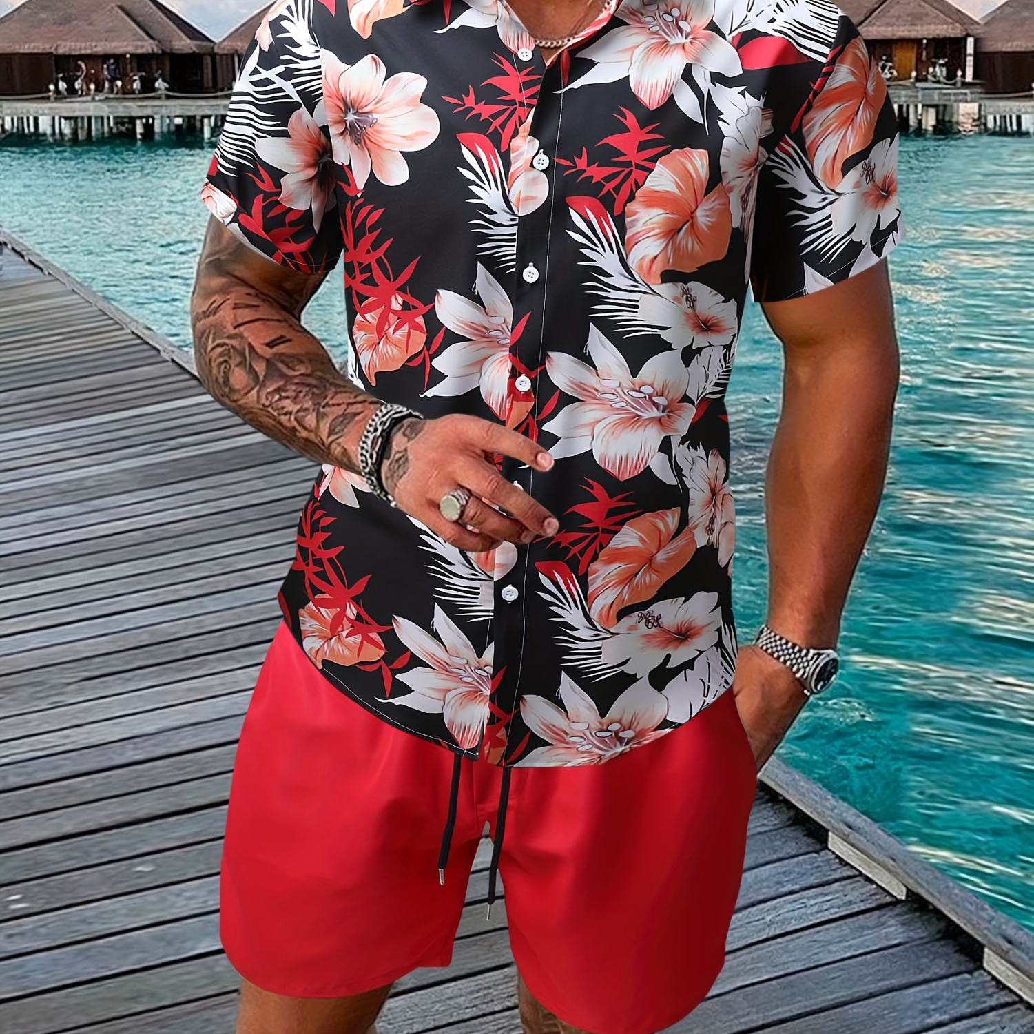 

Men's Casual 2pcs Set, Floral Print Hawaiian Shirt + Active Shorts Matching Set For Summer