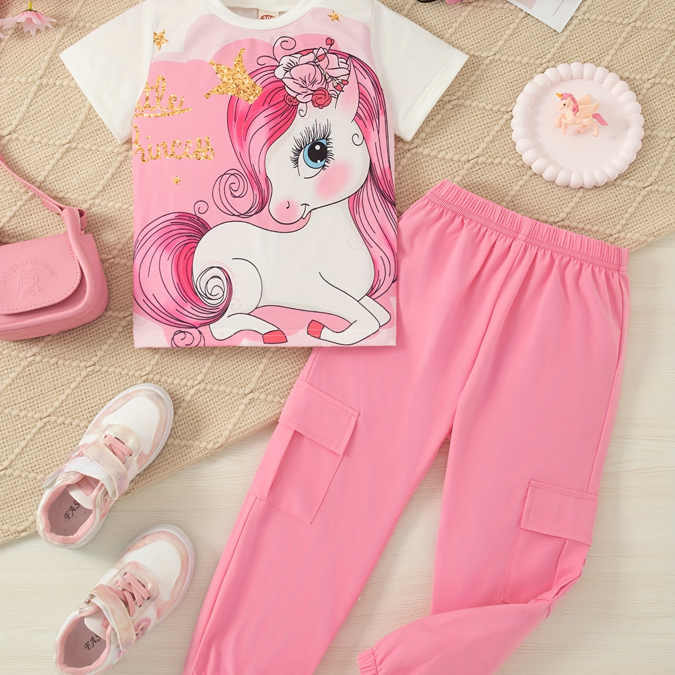

Cutie Unicorn Print Girl's 2pcs Graphic Top + Basic Cargo Pants Casual Set, Girls Outfit Summer Clothes