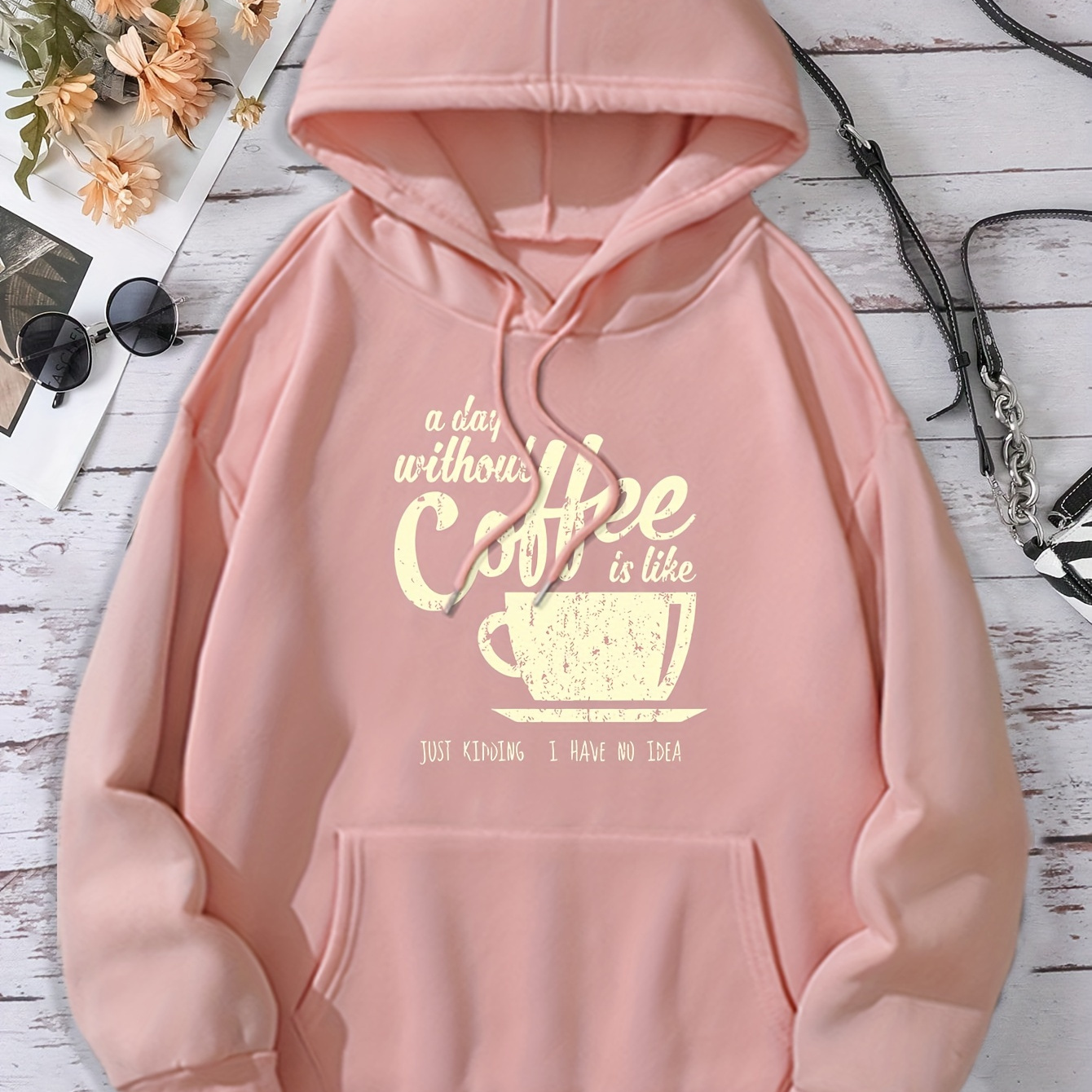 

Coffee Print Hoodie, Drawstring Casual Hooded Sweatshirt For Winter & Fall, Women's Clothing