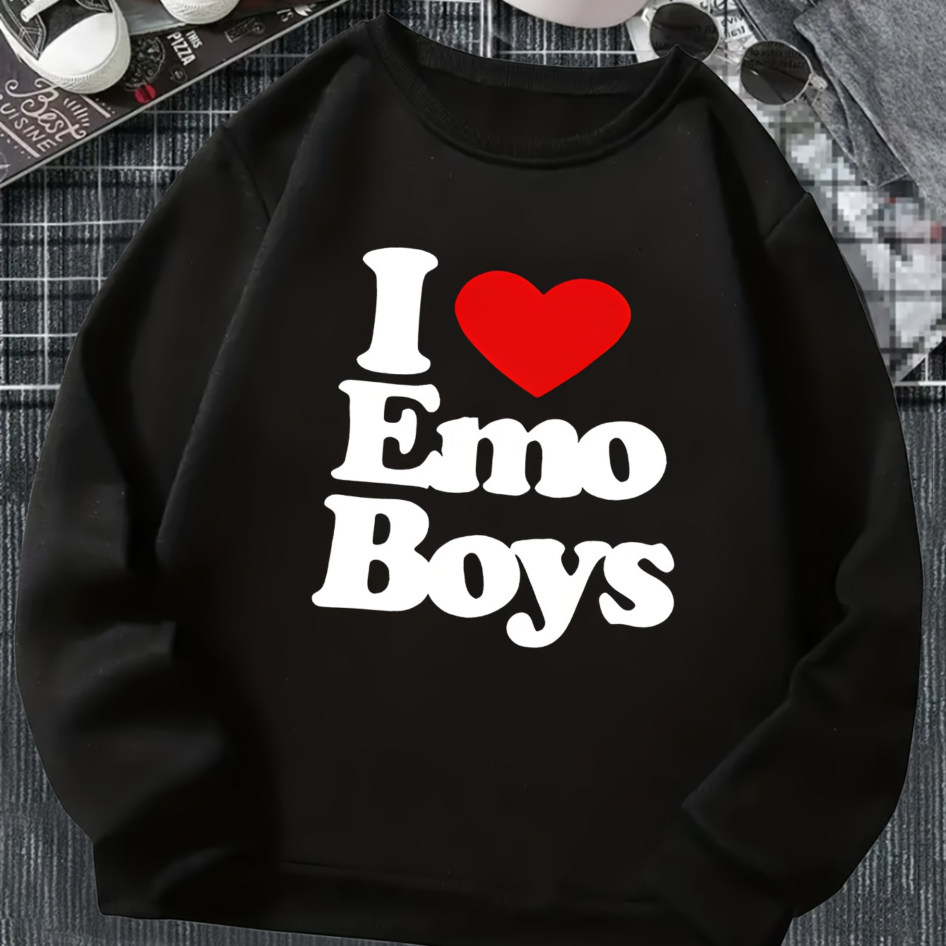 

Emo Boys Print Trendy Sweatshirt, Men's Casual Graphic Design Crew Neck Pullover Sweatshirt For Men Fall Winter