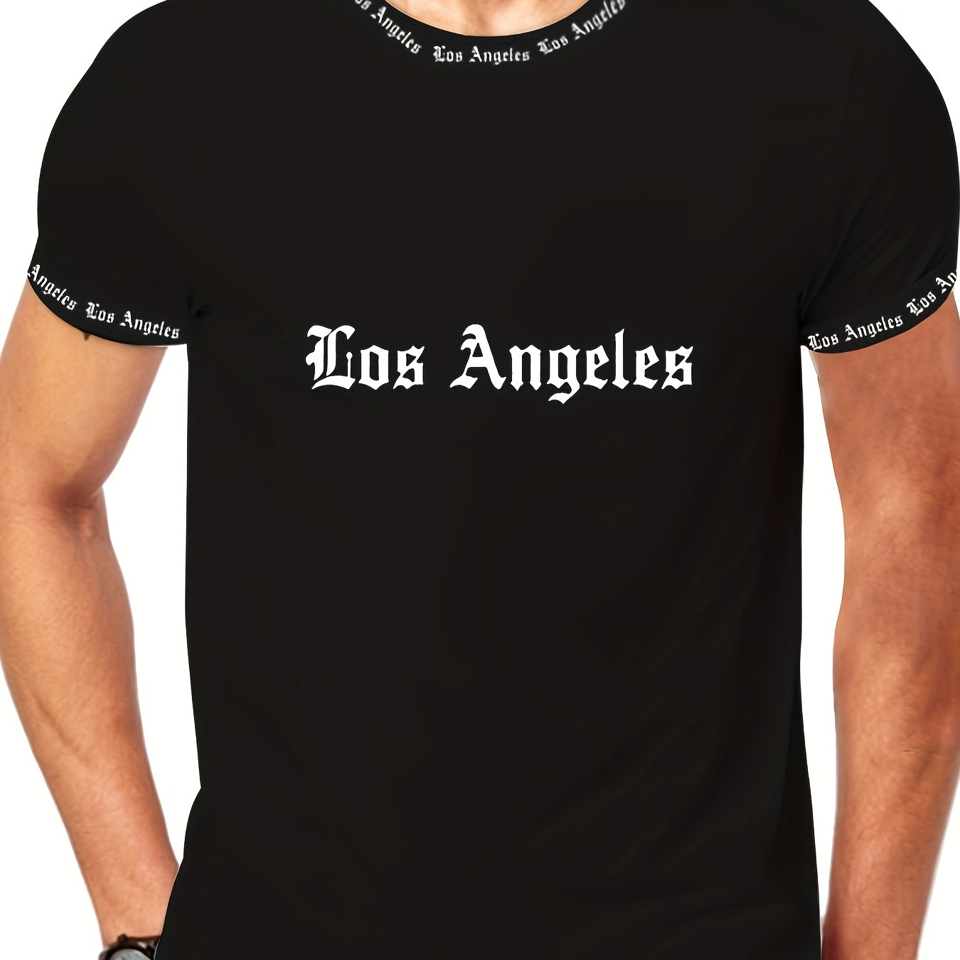 

Los Angeles Letter Print Men's Crew Neck Fashionable Short Sleeve Sports T-shirt, Comfortable And Versatile, For Summer And Spring, Athletic Style, Comfort Fit T-shirt, As Gifts