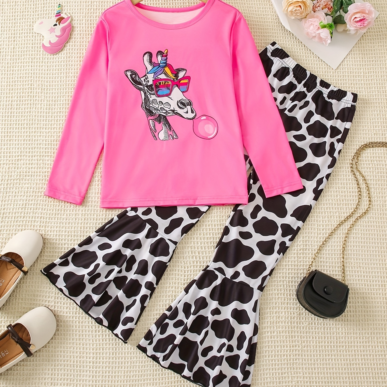 

2pcs Girl's Animal Pattern Outfit, Long Sleeve Top & Allover Print Pants Set, Kid's Clothes For Spring Fall