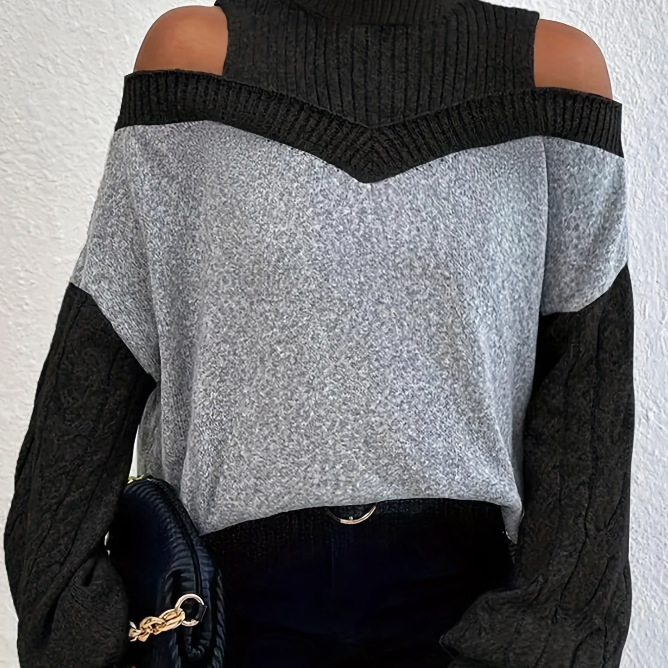 

Color Block Cold Shoulder Sweater, Elegant Turtleneck Lantern Sleeve Sweater, Women's Clothing