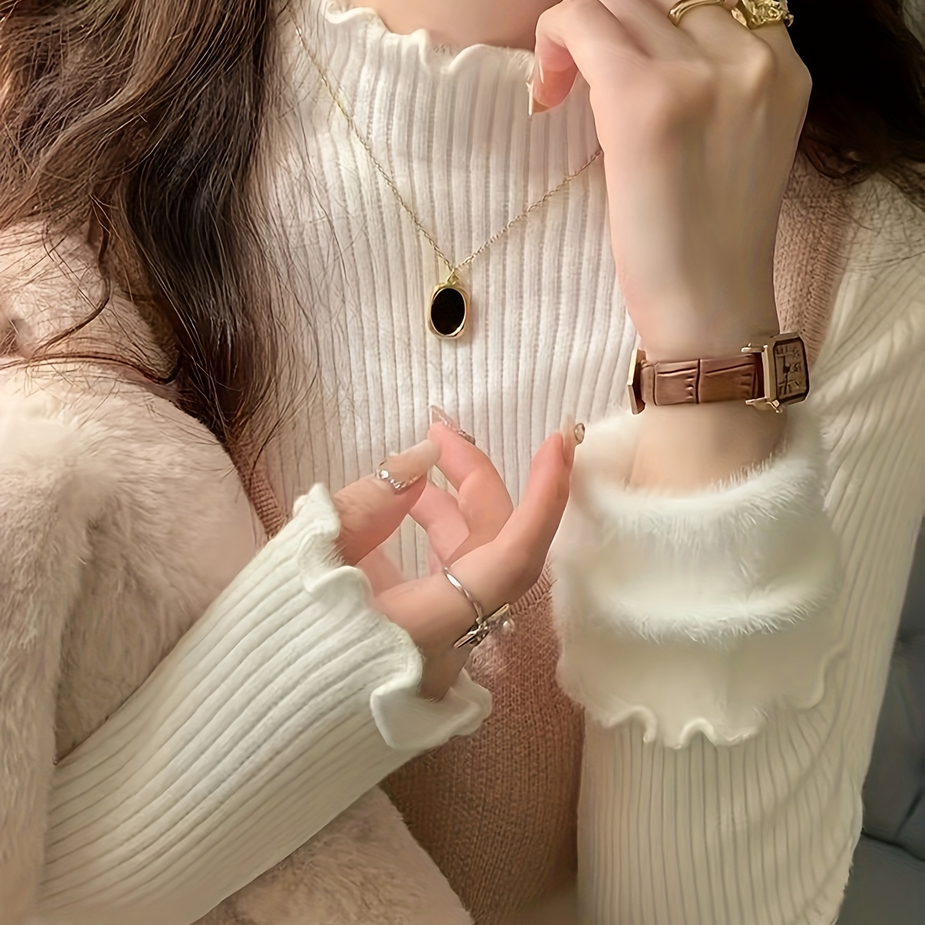 

White Half-high Collar Fuzzy Ear Knitted Sweater