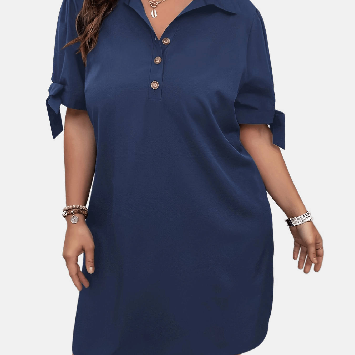 

Plus Size Loose Tunic Dress For Women - Summer Casual Knee High With Lapel Collar, Short Lantern Sleeves & Lace-up Detail, Solid Color Polyester Knee-length Dress For Weekend Wear