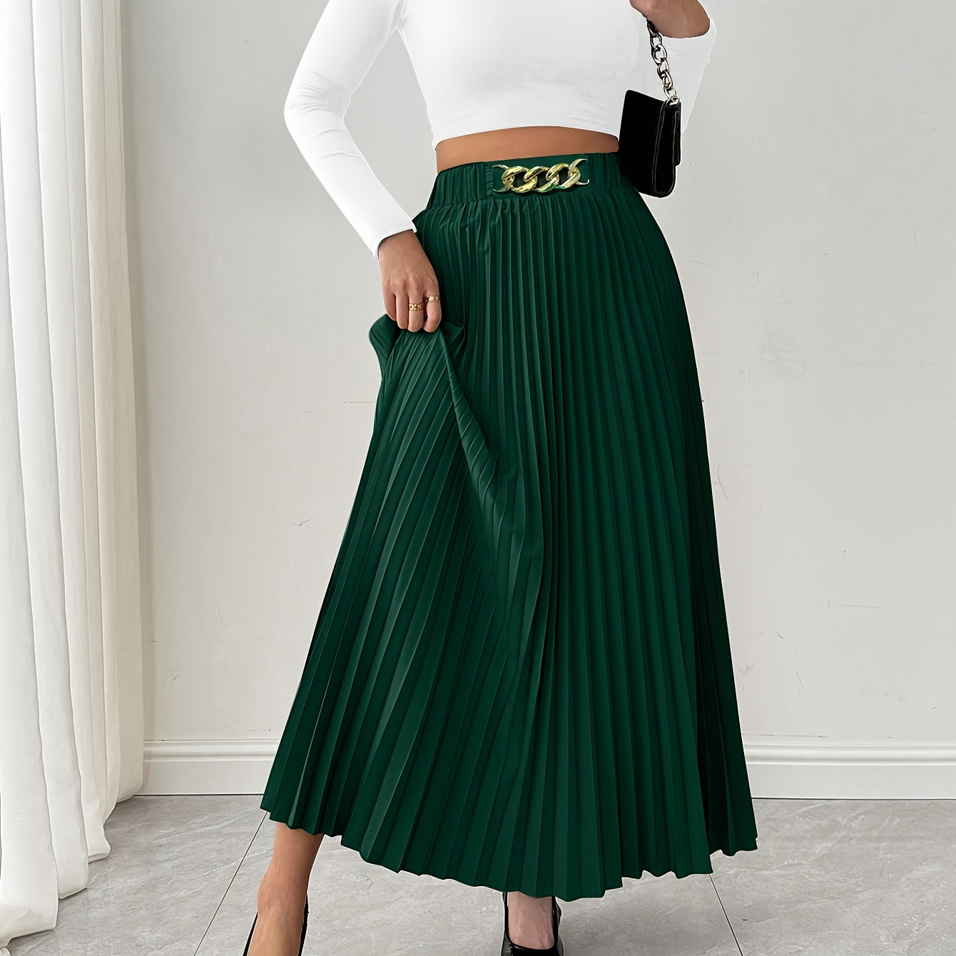 

Elegant Women' Pleated Midi Skirt - High Waist, A-line, Polyester/spandex , Machine Washable, Spring/summer/fall Fashion Events, Summer Midi Skirt| Attire|golden Accessory