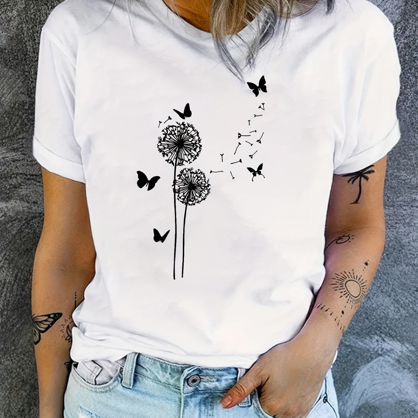 

Dandelion & Butterfly Print T-shirt, Short Sleeve Crew Neck Casual Top For Summer & Spring, Women's Clothing