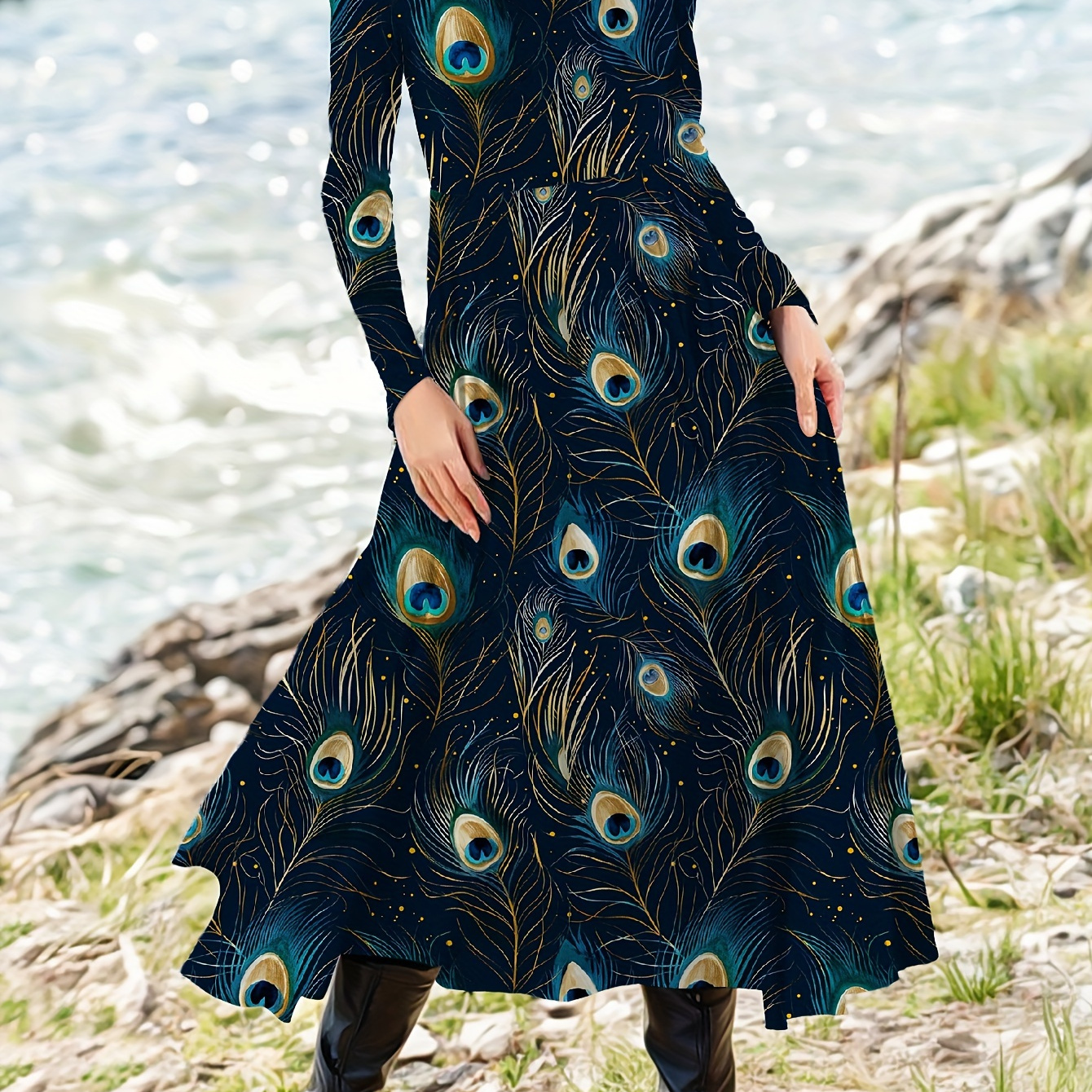 

Elegant Long Sleeve Round Neck Dress With Peacock Feather Print - Spring/