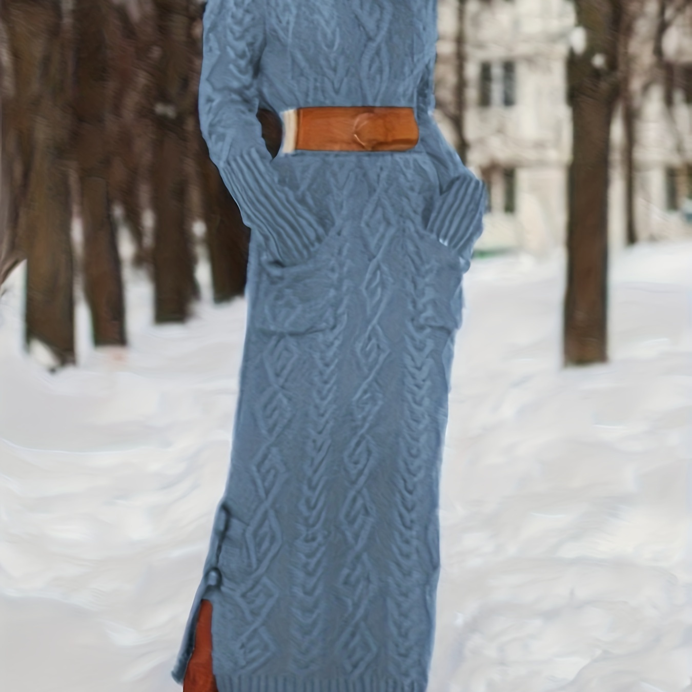

Robe pull en tricot torsadée à col roulé, robe unie élégante à manches longues, vêtements pour femmes
