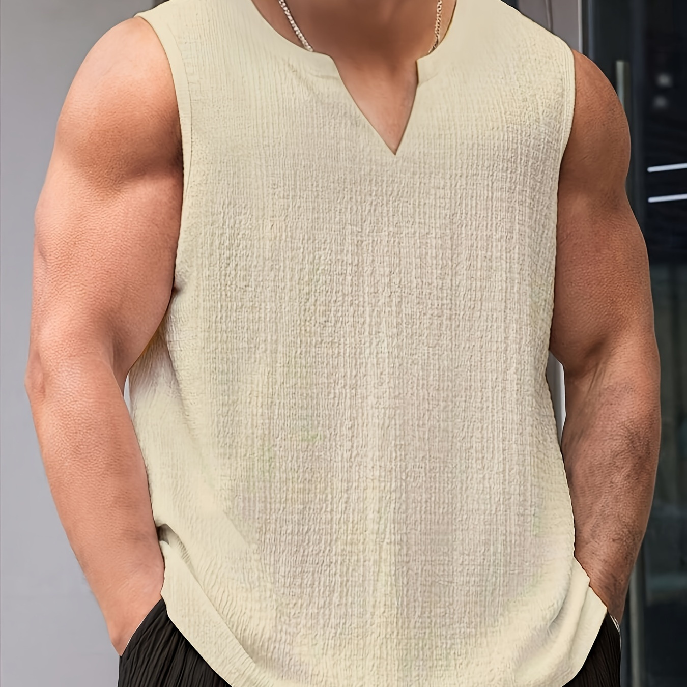 

1pc Men's Summer Casual Solid Color Notched Collar Sleeveless Tank Top, Polyester Loose Fit Pullover With Slight Stretch, Woven Fabric For