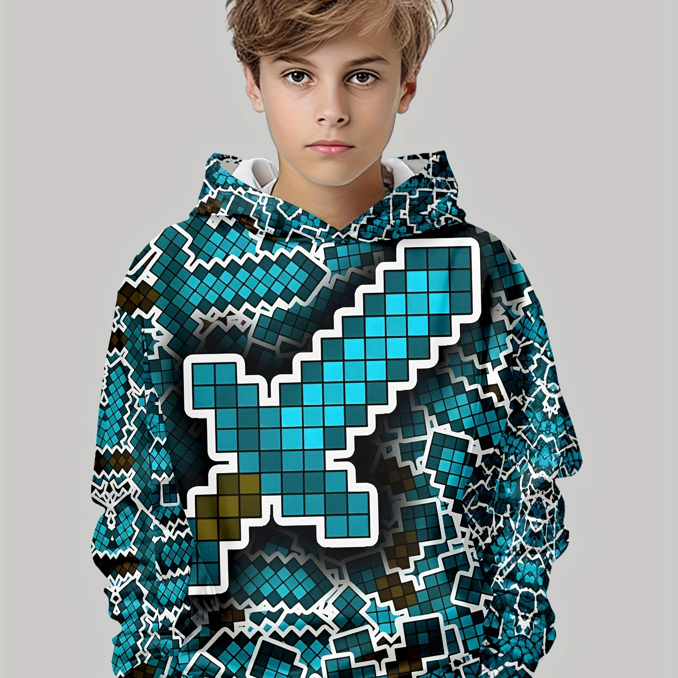 

Trendy Building Blocks Splicing Sword 3d Pattern Print Long Sleeve Hoodies For Boys, Spring Autumn Winter Outdoor Casual Activities