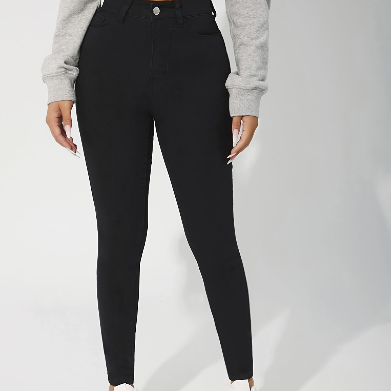 

Plain Black Color Skinny Fit Versatile Basic Style Denim Pants, Women's Denim Jeans & Clothing